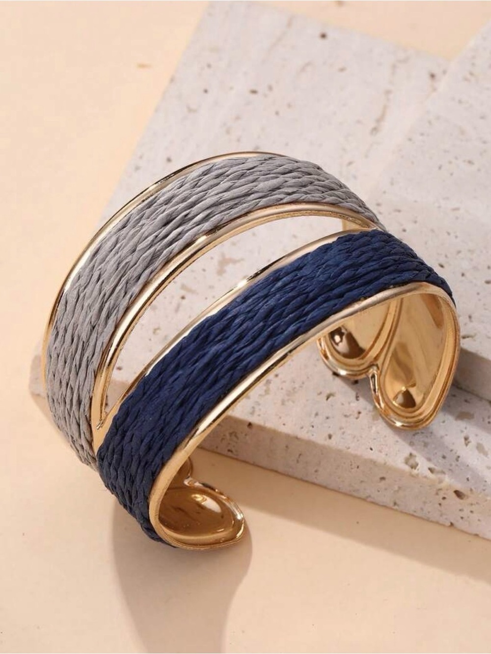 Gold-Tone Navy and Light Blue Woven Cuff Bracelet - Picture 3 of 9